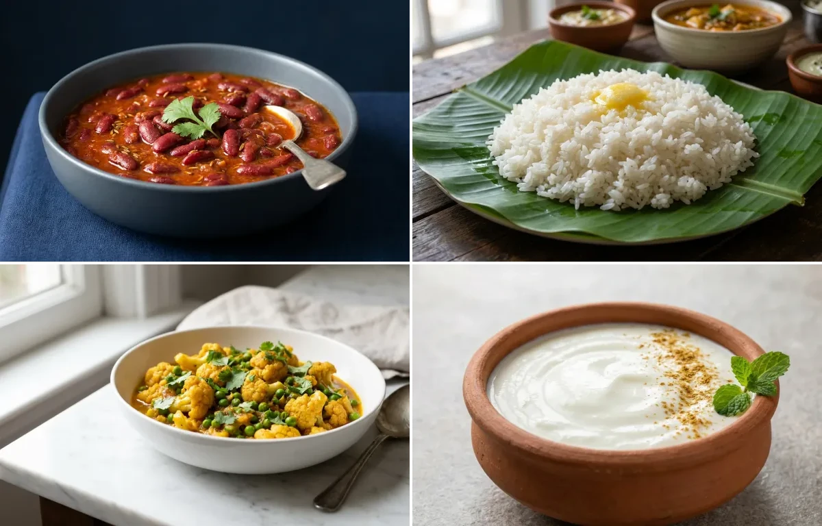 Rajma with Steamed White Rice with Gobi Matar Sabzi with Dahi