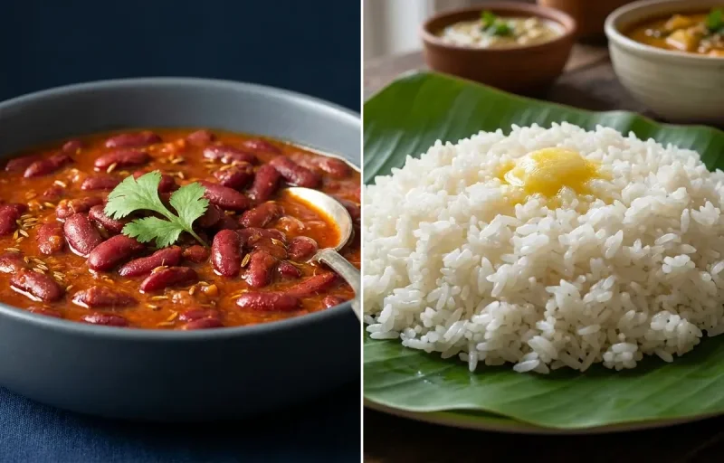 Rajma with Steamed White Rice with Palak Salad with Chaas