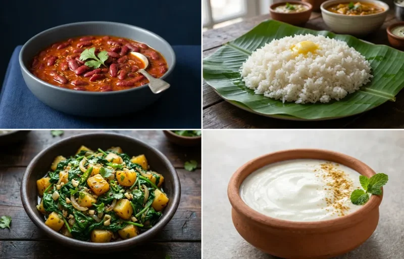 Rajma with Steamed White Rice with Paleng Xaak Bhaji with Dahi