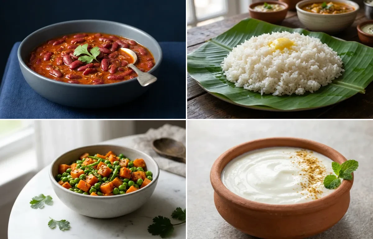 Rajma with Steamed White Rice with Peas Carrot Sabzi with Dahi