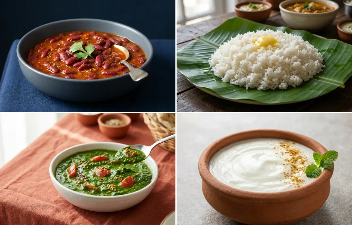 Rajma with Steamed White Rice with Palak Sabzi with Dahi