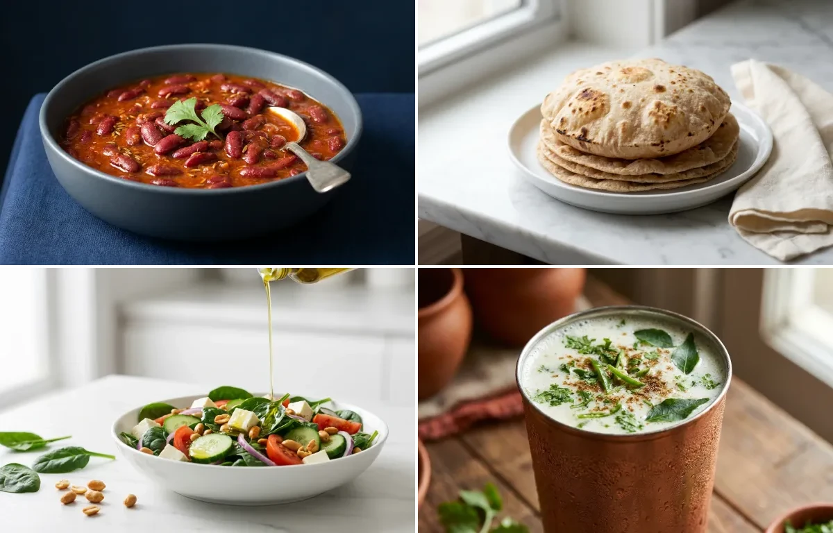 Rajma with Steamed White Rice with Whole-Wheat Phulka with Palak Salad with Chaas