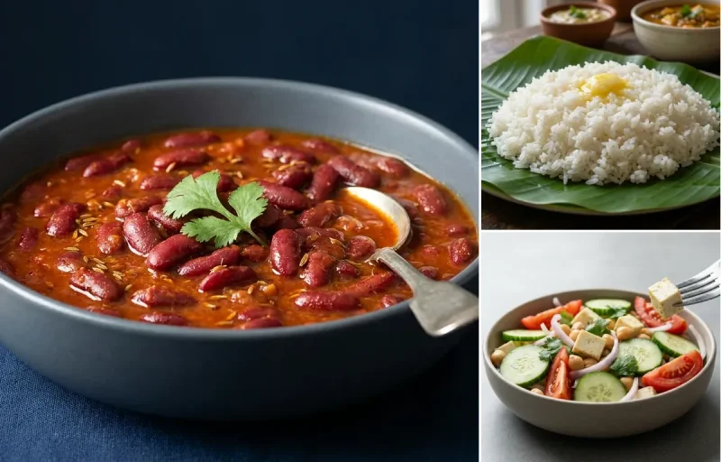 Rajma with Steamed Rice with Onion Cucumber Salad