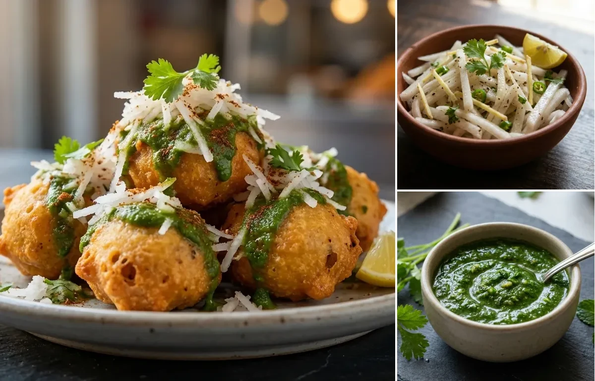 Ram Ladoo with Mooli Laccha and Coriander Mint Chutney
