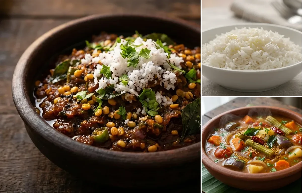 Ratha Poriyal with Steamed Basmati Rice and Vegetable Sambar