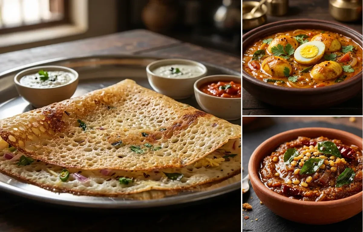 Rava Dosa with Muttai Curry and Onion Chutney