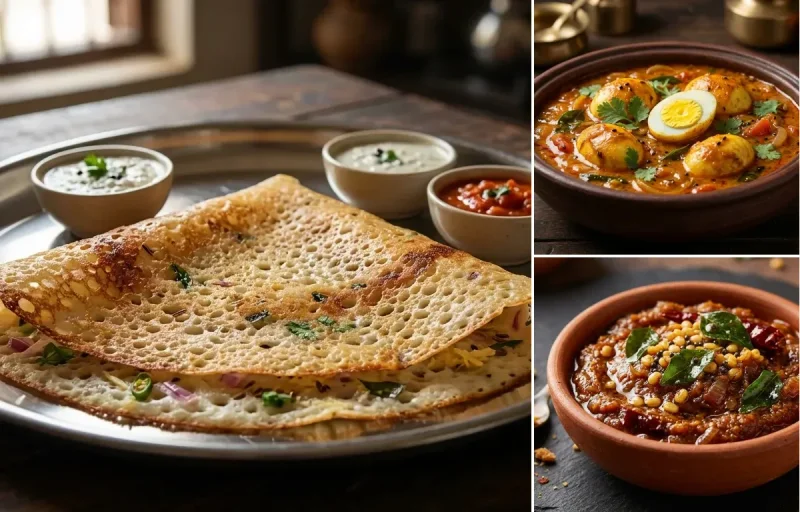 Rava Dosa with Muttai Curry and Onion Chutney