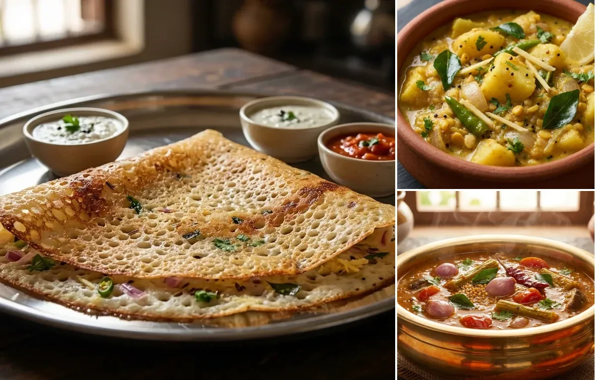 Rava Dosa with Potato Masala for Dosa and Chettinad Sambar