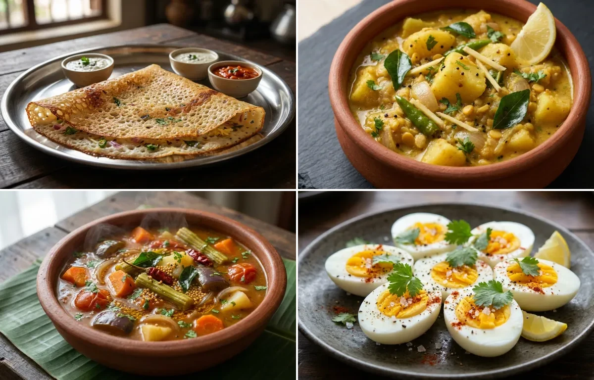 Rava Dosa with Potato Masala for Dosa, Vegetable Sambar and Boiled Egg