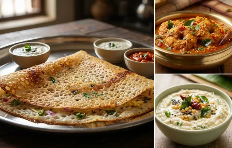 Rava Dosa with Vada Curry and Thengai Chutney