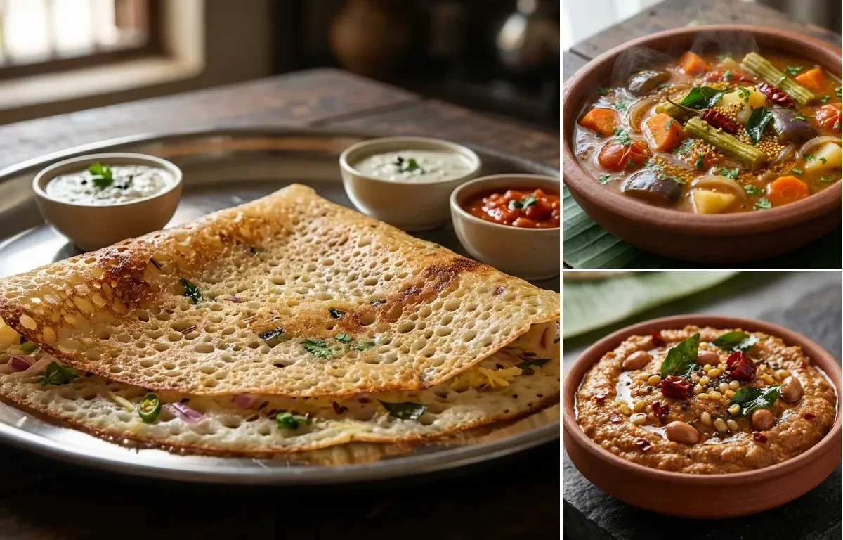 Rava Dosa with Vegetable Sambar and Peanut Chutney