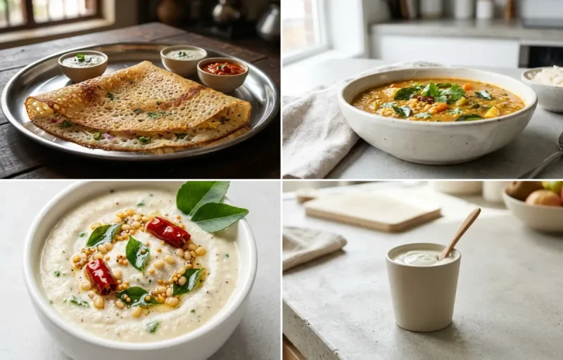 Rava Dosa with Drumstick Sambar, Coconut Chutney and Plain Yogurt Cup