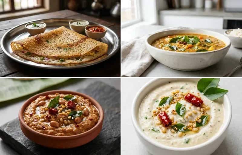 Rava Dosa with Drumstick Sambar, Peanut Chutney and Coconut Chutney