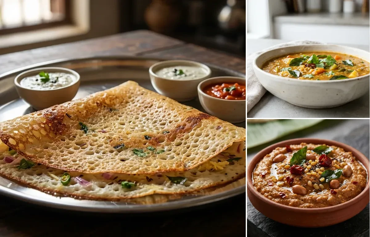 Rava Dosa with Drumstick Sambar, Peanut Chutney and Coconut Mint Chutney