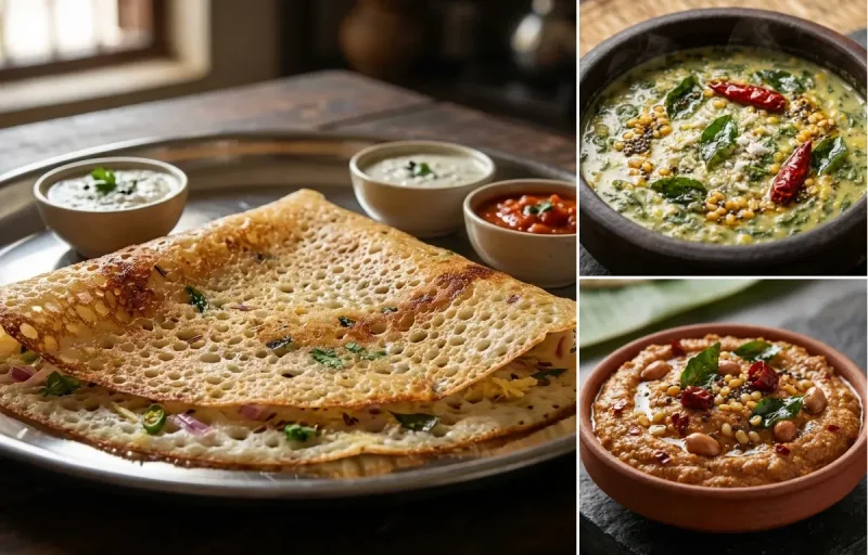 Rava Dosa with Keerai Kootu and Peanut Chutney
