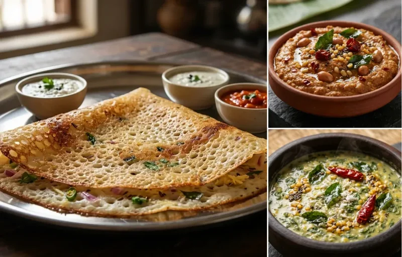Rava Dosa with Peanut Chutney and Keerai Kootu