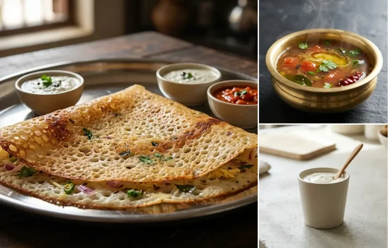 Rava Dosa with Rasam, Coriander Coconut Chutney, Egg White Scramble and Plain Yogurt Cup