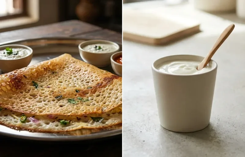 Rava Dosa with Vegan Sambar, Cilantro Coconut Chutney, Egg White Scramble and Plain Yogurt Cup