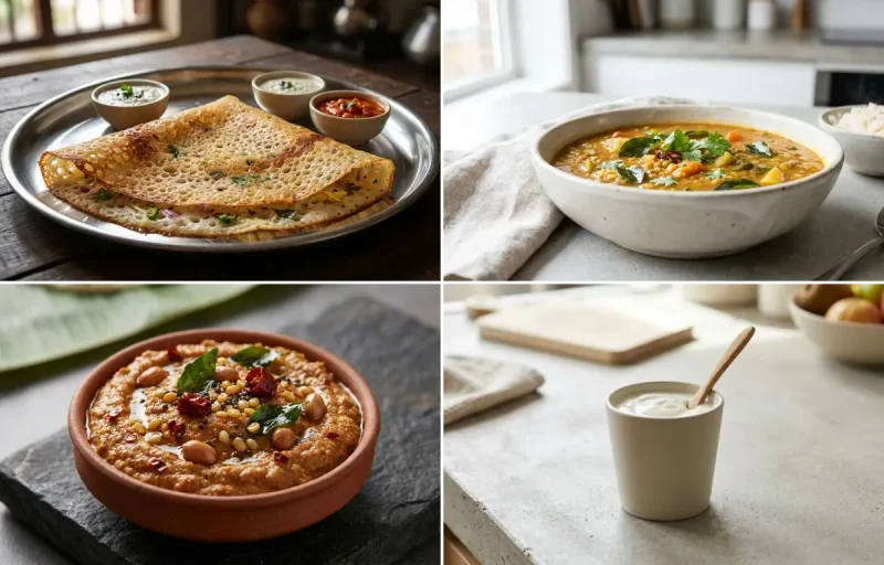 Rava Dosa with Vegetable Sambar, Peanut Chutney and Plain Yogurt Cup