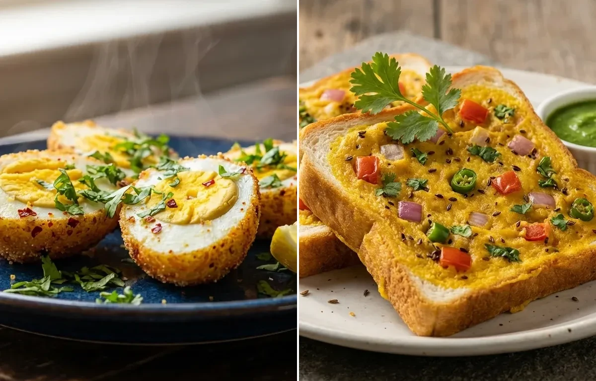 Rava Fried Boiled Eggs with Bread Toast