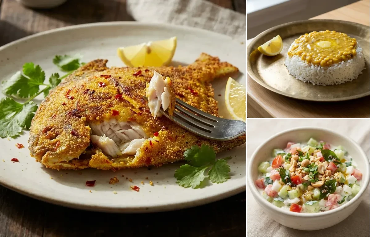 Rava Fried Pomfret with Varan Bhaat and Koshimbir