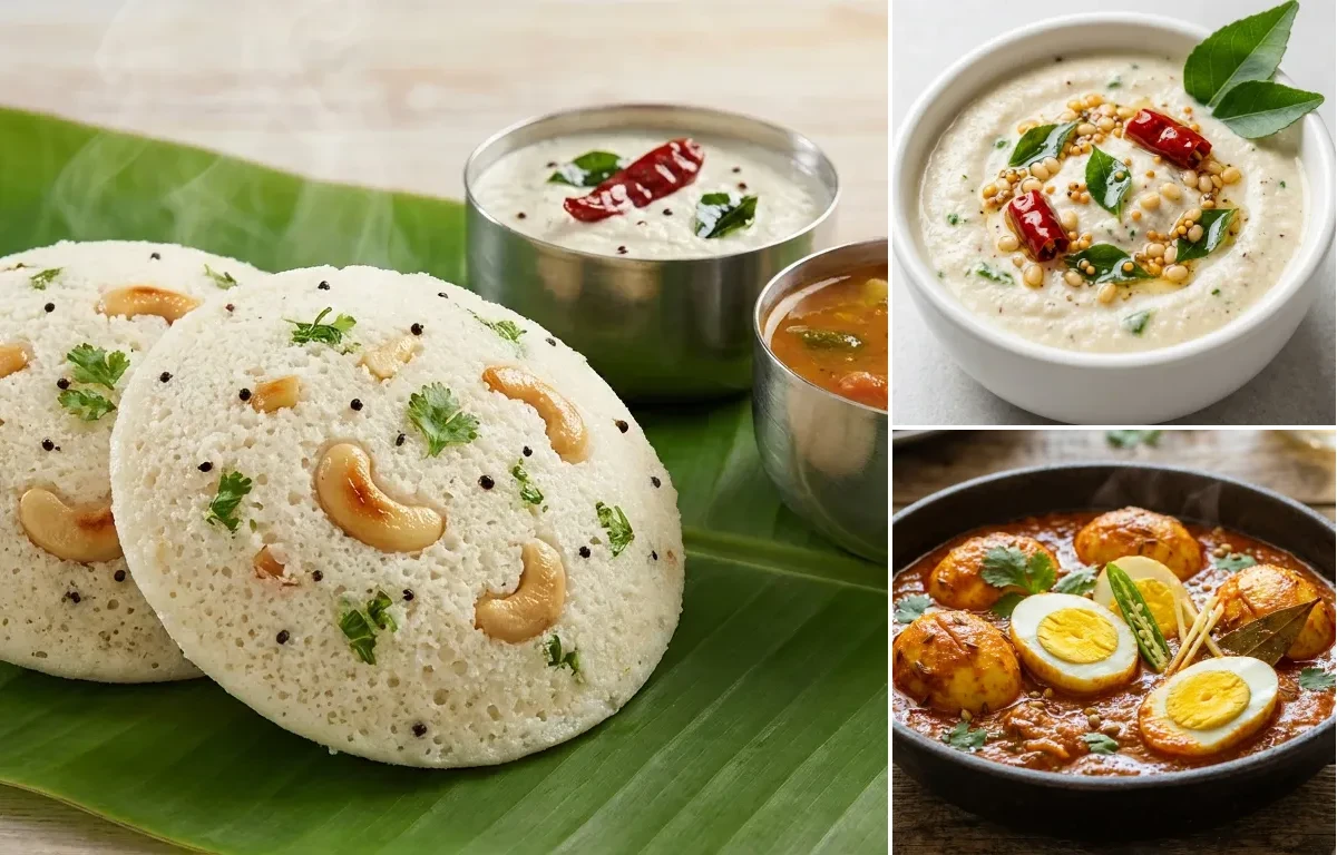 Rava Idli with Coconut Chutney and Egg Masala Curry