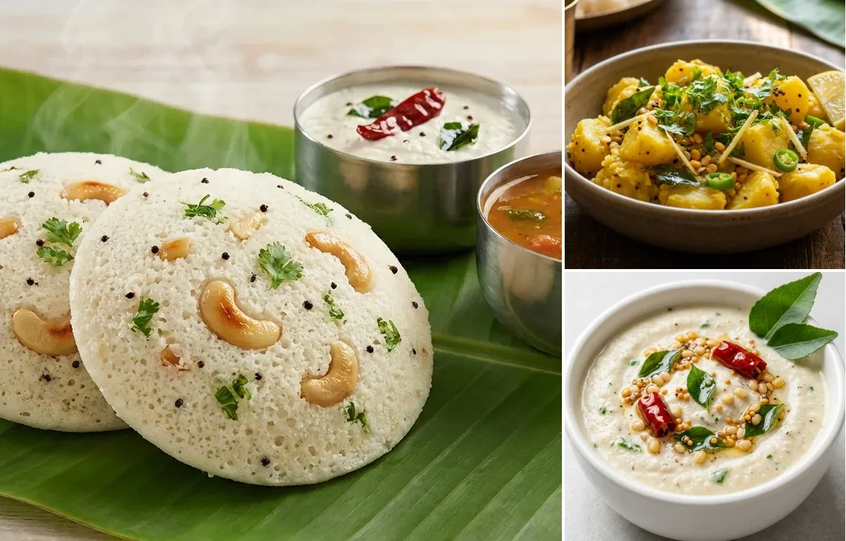 Rava Idli with Potato Sagu and Coconut Chutney