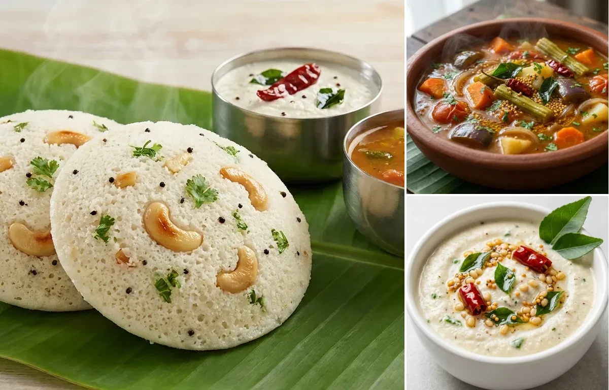 Rava Idli with Vegetable Sambar and Coconut Chutney