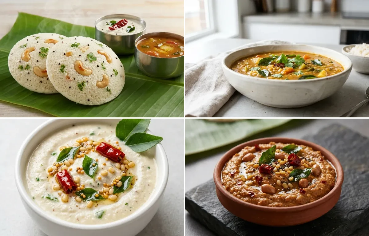 Rava Idli with Drumstick Sambar, Coconut Chutney and Peanut Chutney