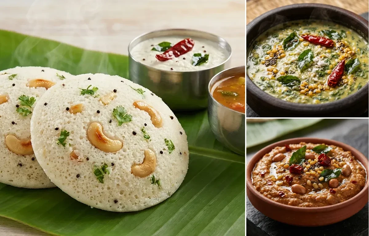 Rava Idli with Keerai Kootu and Peanut Chutney