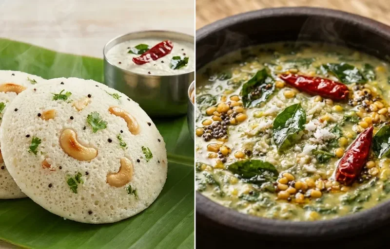 Rava Idli with Keerai Kootu, Coconut Mint Chutney and Coriander Coconut Chutney