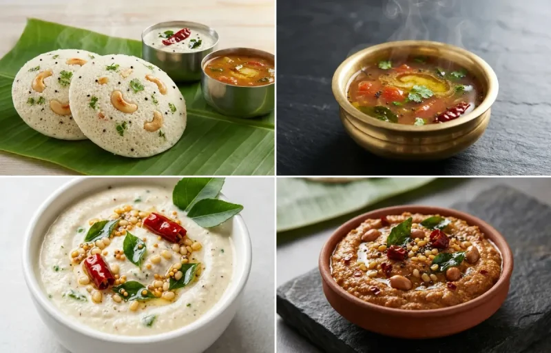 Rava Idli with Rasam, Coconut Chutney and Peanut Chutney