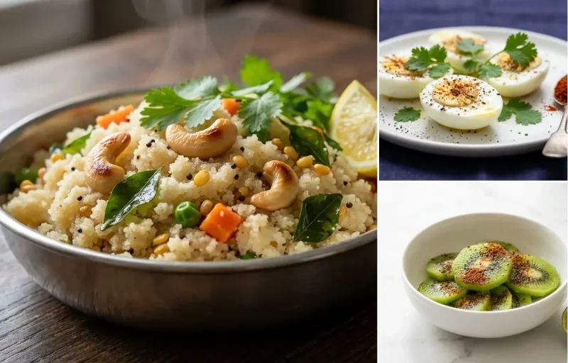 Rava Upma with Boiled Egg Whites with Kiwi Chaat