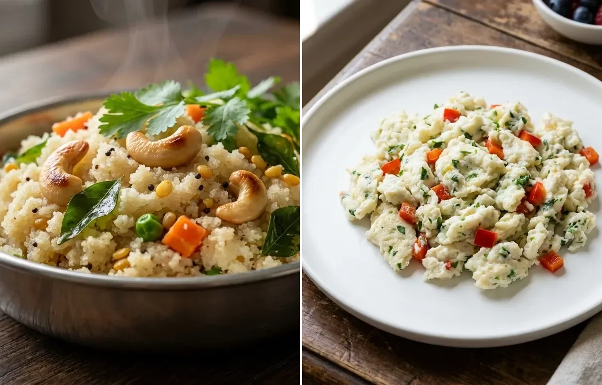 Rava Upma with Scrambled Egg Whites with Papaya Boat