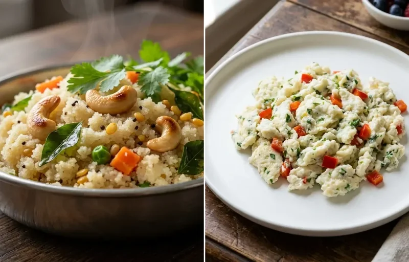 Rava Upma with Scrambled Egg Whites with Papaya Boat