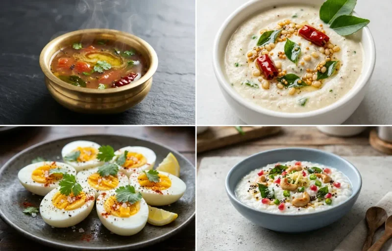 Rava Uttapam with Rasam, Coconut Chutney, Boiled Egg and Curd Rice Snack Bowl