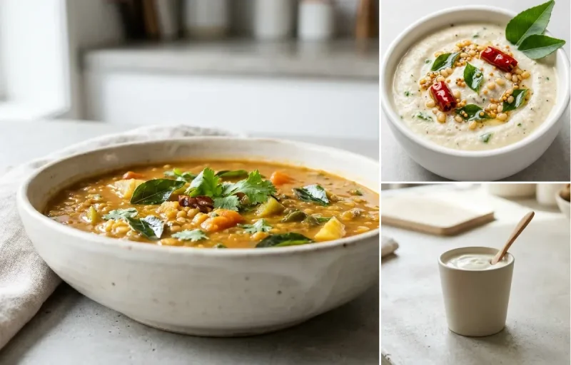 Rava Uttapam with Sambar, Coconut Chutney and Plain Yogurt Cup
