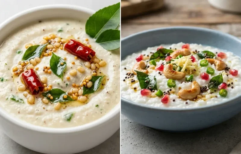 Rava Uttapam with Vegan Sambar, Coconut Chutney, Egg White Scramble and Curd Rice Snack Bowl
