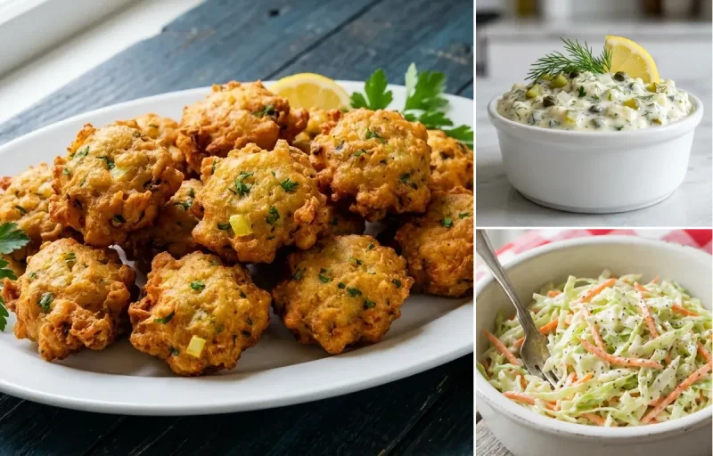 Razor Clam Fritters with Eggless Tartar Sauce and Coleslaw