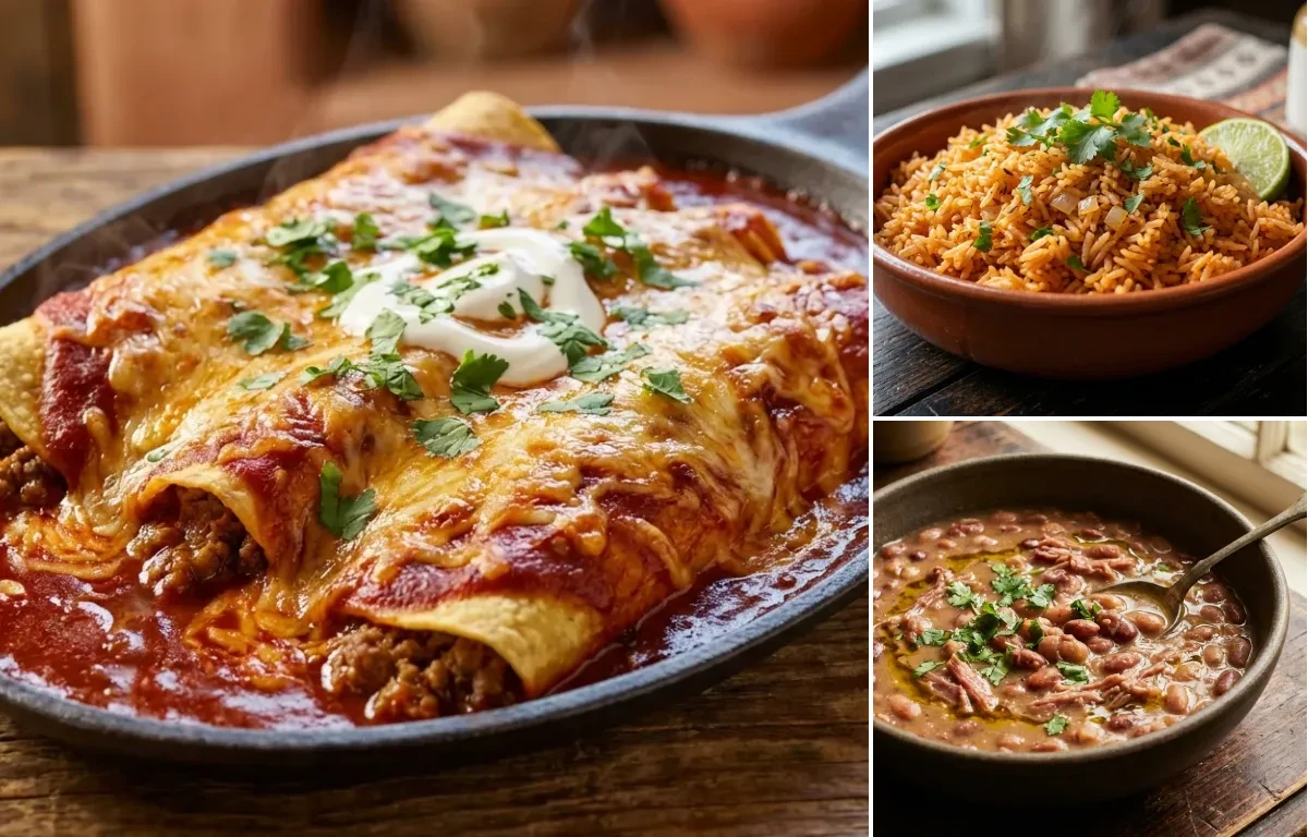 Red Chile Beef Enchiladas with Spanish Rice and Pinto Beans