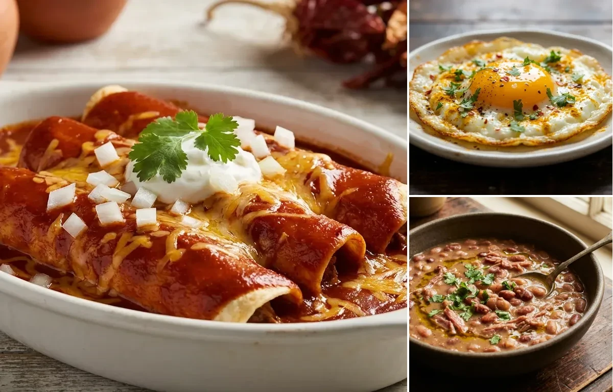 Red Chile Enchiladas with Fried Egg and Pinto Beans