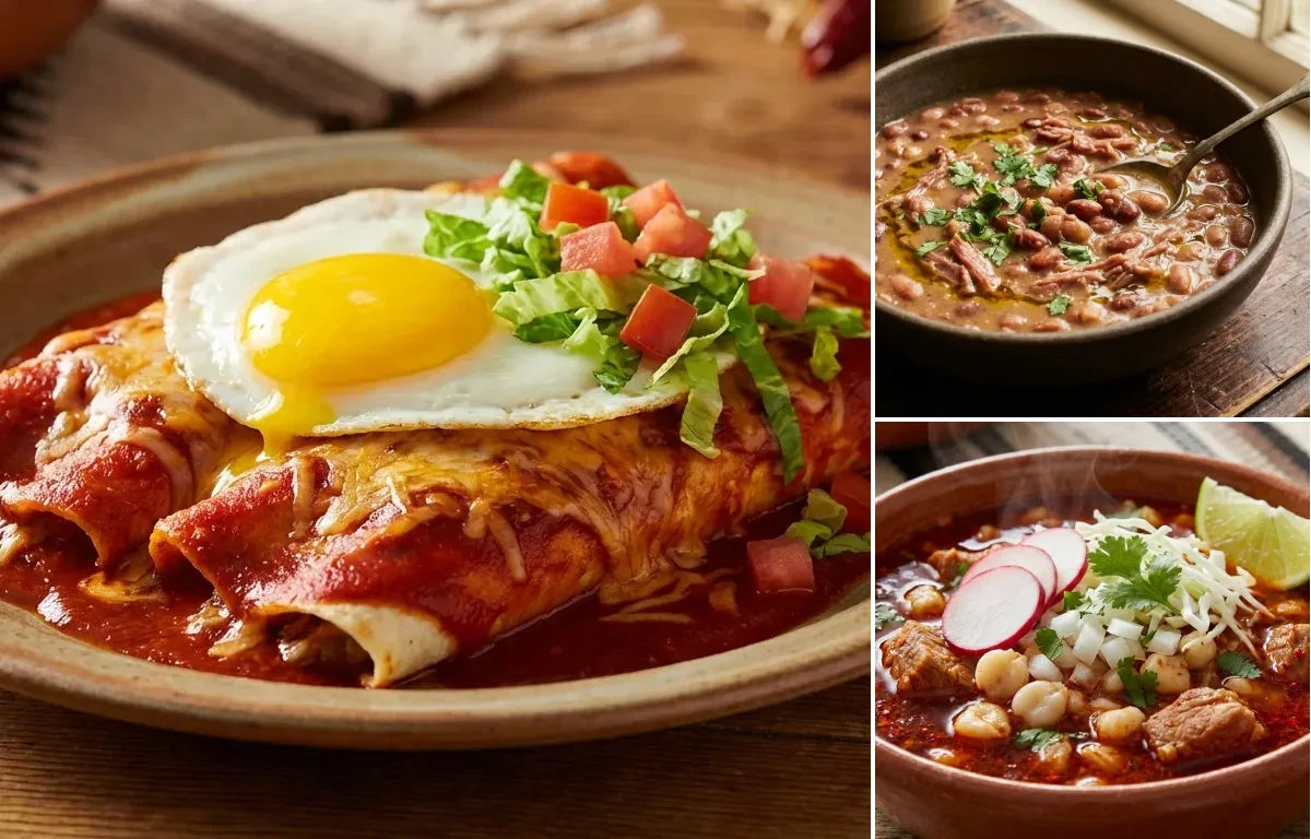 Red Chile Enchiladas with Fried Egg with Pinto Beans and Pork Posole Rojo