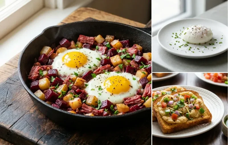 Red Flannel Hash with Poached Eggs and Suji Toast