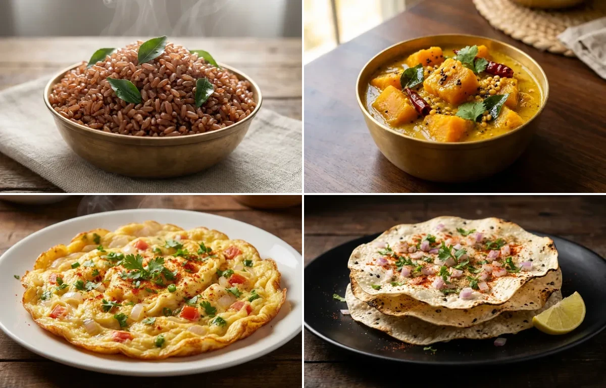 Red Rice with Mangalorean Pumpkin Koddel, Masala Omelette and Urad Dal Papad