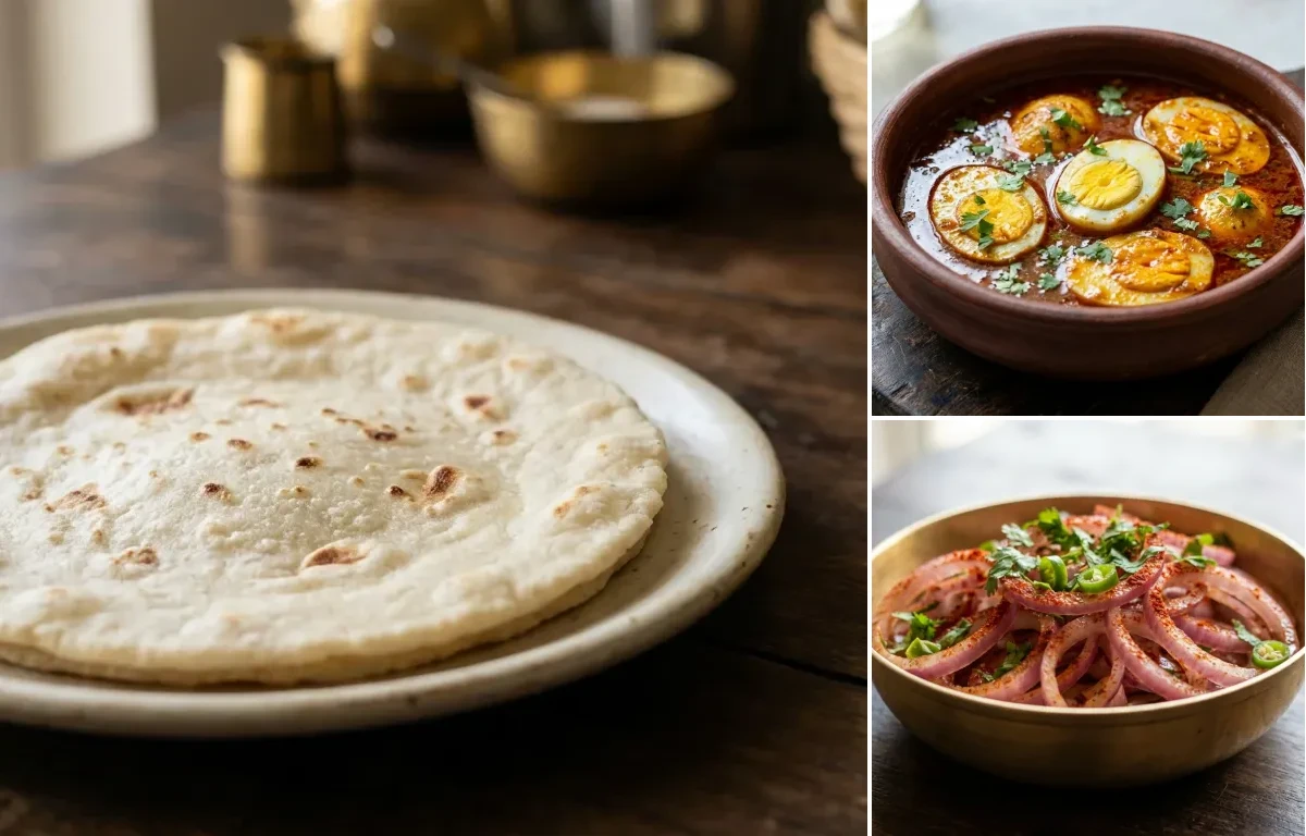 Rice Bhakri with Egg Rassaa and Onion Salad