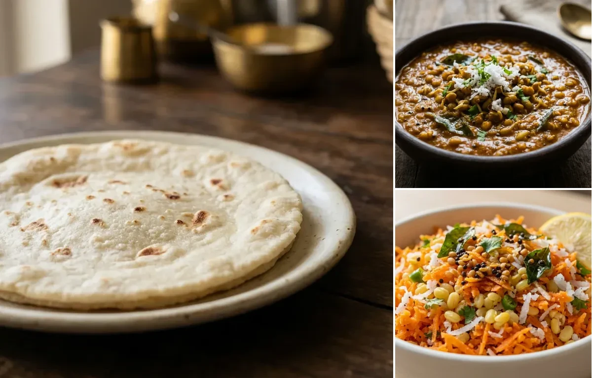 Rice Bhakri with Vaalachi Amti and Gajar Kosambari