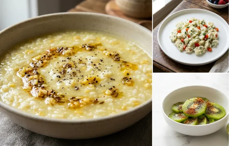 Rice Kanji with Scrambled Egg Whites with Kiwi Chaat