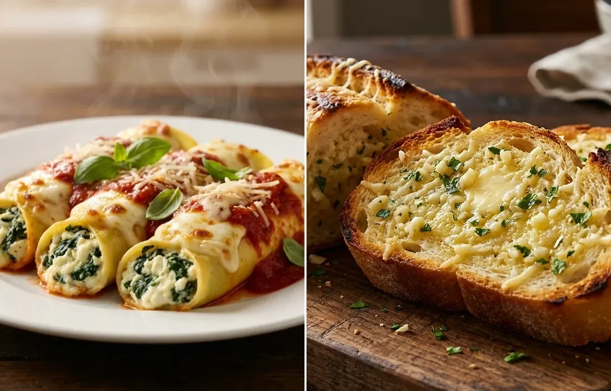 Ricotta and Spinach Manicotti with Garlic Bread
