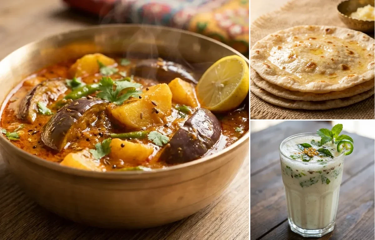 Ringan Bateta nu Shaak with Rotli and Masala Chaas