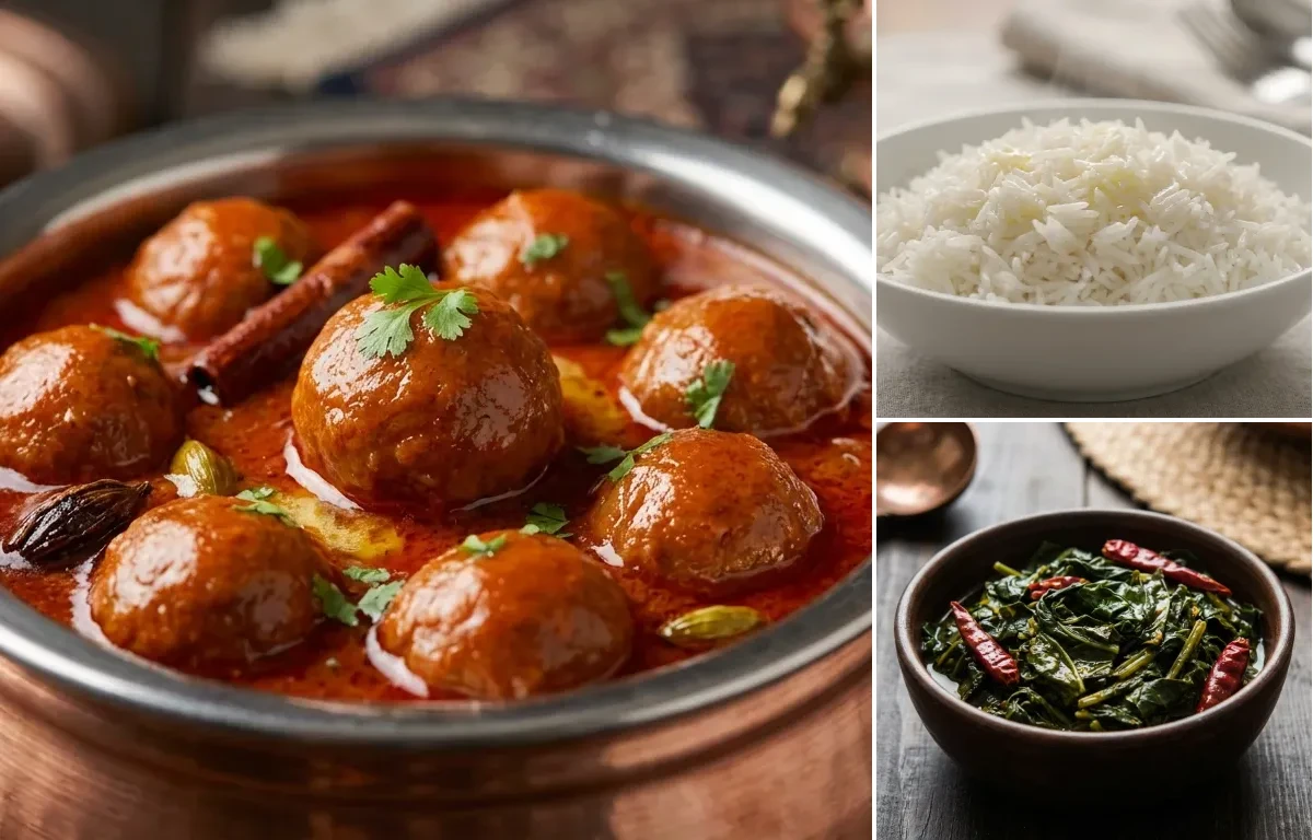 Rista with Steamed Basmati Rice and Haak Saag